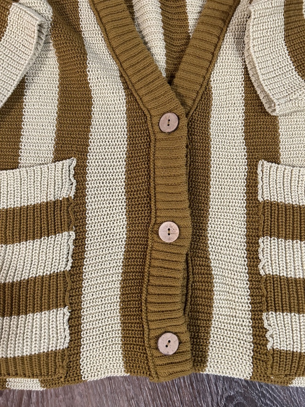 FP Beach High Tide Cardigan Sz XL Olive and Cream Striped V-Neck Coastal Vibes - Picture 2 of 9